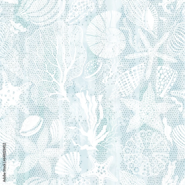 Obraz Sea. Art seamless pattern on the marine theme with underwater plants,starfish, seashells on blue watercolor background. Vector. Perfect for design templates, wallpaper, wrapping, fabric and textile.