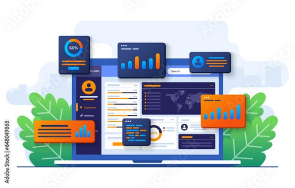 Fototapeta data charts, graphs, and a dashboard on laptop screen, SEO marketing advertising analytics vector illustration, Marketing analytics, Market research, Business Analysis, Financial reports and research