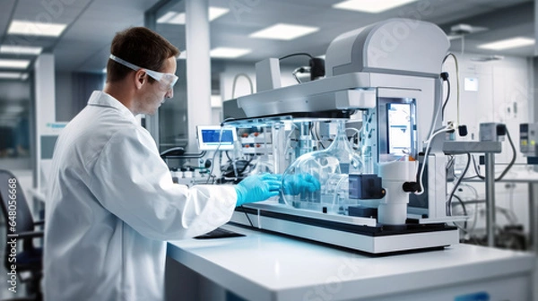 Fototapeta Researcher working in a modern laboratory with medical Sampling Machine. Scientist analyzing samples in the automatic machine of the Biotechnology laboratory. Generative Ai