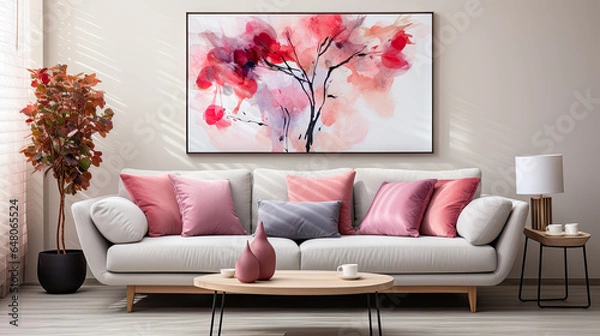 Fototapeta Modern Living Room with Grey Sofa and Pink Accents