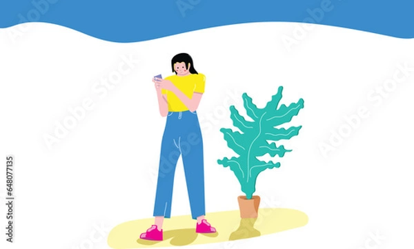 Obraz Digital Connection: Colorful Illustration of a Girl and Her Smartphone