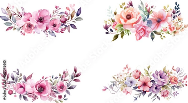 Fototapeta Set of beautiful watercolor flower bouquets, flower arrangements or summer flower bouquets. Can be used for invitations, greetings, and wedding cards