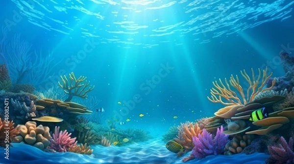 Fototapeta Submerged coral reef scene foundation within the profound blue sea with colorful angle and marine life
