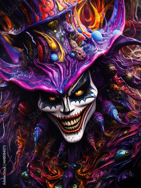 Obraz Colourful psychedelic jester. Generated with Midjourney AI (version 5.2)