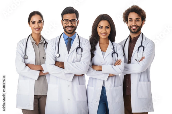 Fototapeta  young Multi Ethnic group of doctors team of 4 smiling with arms crossed standing together wearing a white coat on transparent background