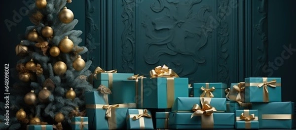 Fototapeta Banner with many gift boxes tied velvet ribbons and paper decorations on turquoise background. Christmas background.