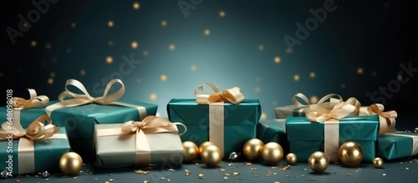 Fototapeta Banner with many gift boxes tied velvet ribbons and paper decorations on turquoise background. Christmas background.