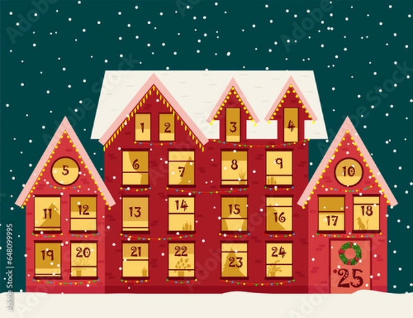 Obraz Advent calendar template. Christmas house with countdown windows. Merry Christmas poster. Vector illustration.