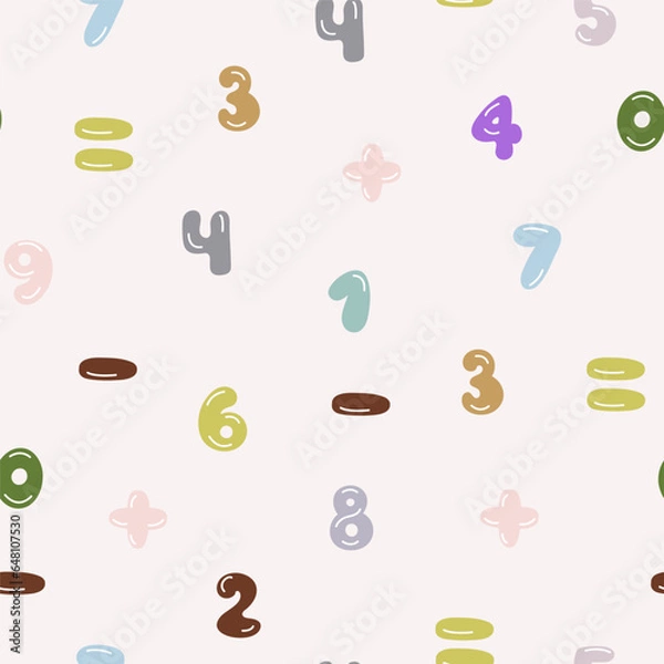 Obraz Seamless pattern with hand drawn numbers. Vector background with colorful pastel numbers on a soft pink background