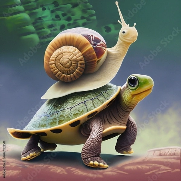Obraz A snail is riding on ja turtle.