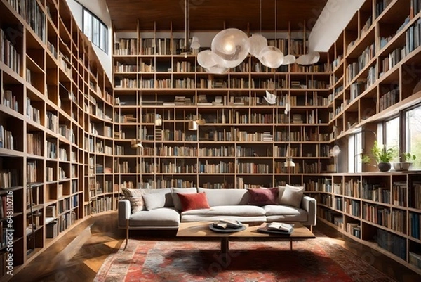 Fototapeta Craft a contemporary library with a diverse collection of books, cozy reading nooks, and unexpected design elements.