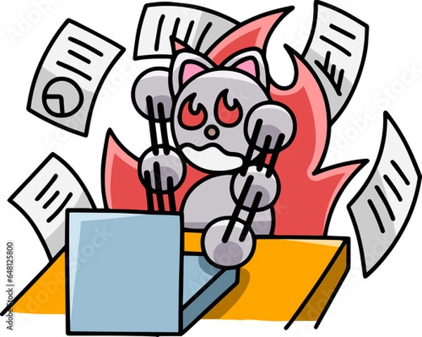 Obraz 猛烈にパソコン仕事をするにゃんまるのイラスト(左右反転バージョン)　猫
