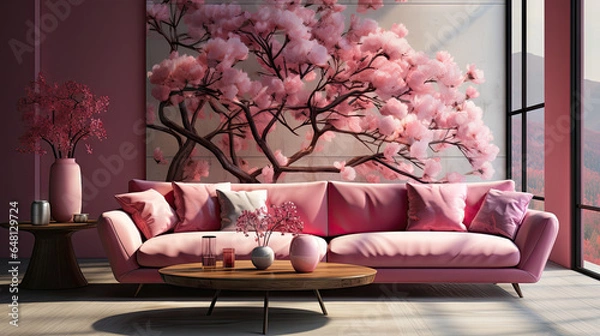 Fototapeta Chic Living Room with Modern Pink Sofa