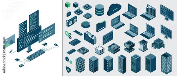 Fototapeta Set of isometric computer technology. Isometric set server equipment. Technology isometric icons. Digital technology items. Vector illustration