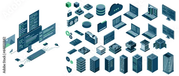 Fototapeta Set of isometric computer technology. Isometric set server equipment. Technology isometric icons. Digital technology items. Vector illustration