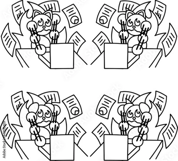 Fototapeta 猛烈にパソコン仕事をするわんまるとにゃんまるの線画セット　犬　猫
