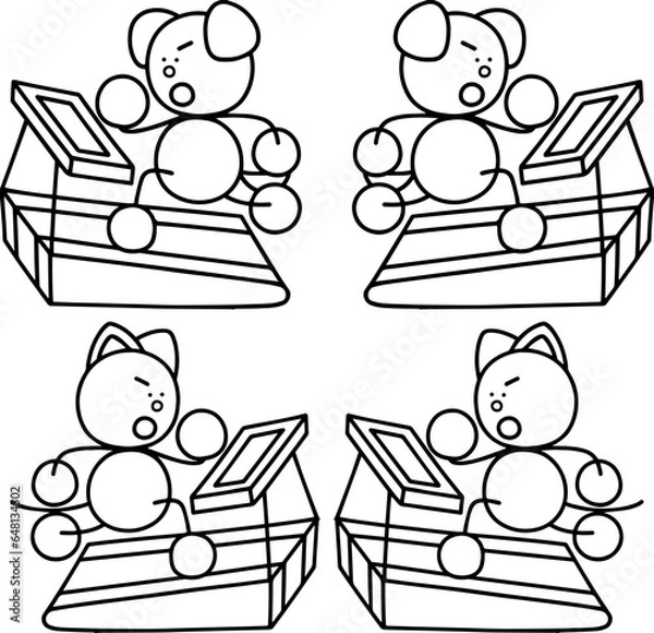 Obraz ルームランナーで走るわんまるとにゃんまるの線画セット　犬　猫
