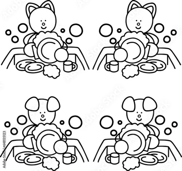 Obraz 皿洗いをするわんまるとにゃんまるの線画セット　犬　猫
