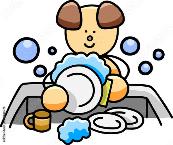 Obraz 皿洗いをするわんまるのイラスト(左右反転バージョン)　犬
