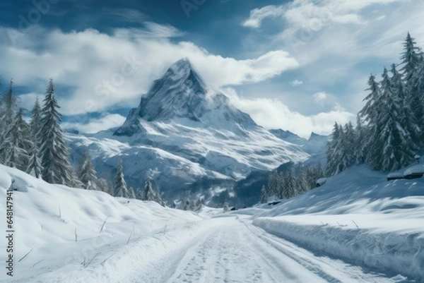 Fototapeta winter road and trees with snow and alps landscape. Generative Ai.