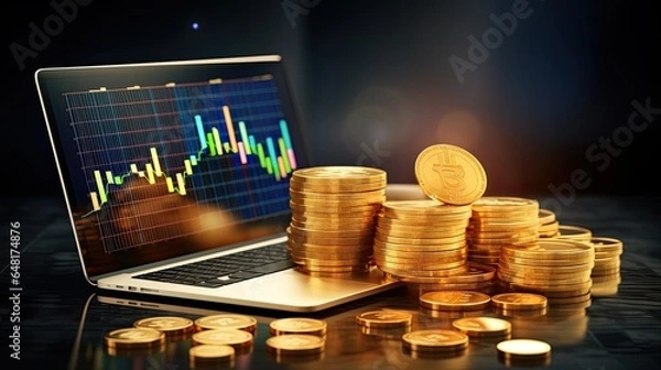 Obraz Laptop and stack of gold coins with forex chart