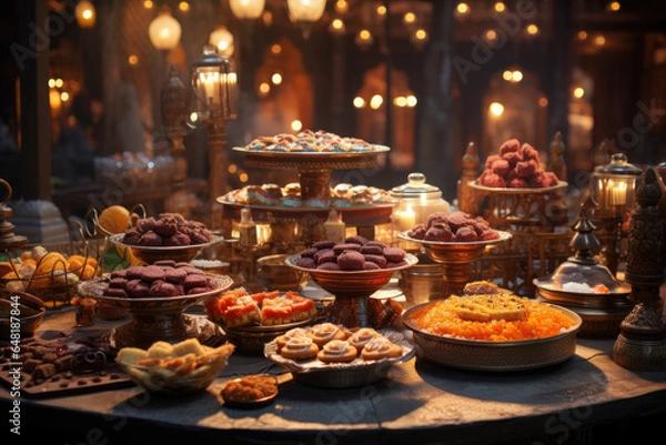 Fototapeta A traditional Indian sweet shop showcasing an array of mouthwatering Diwali sweets. Generative Ai.