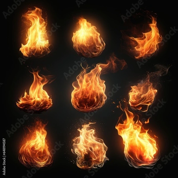 Fototapeta fire flames set, A collage of various fire shapes with dynamic flames, each capturing the wild and untamed essence of fire against a dark background, fireballs