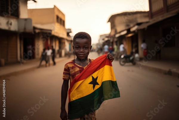 Fototapeta Un garçon ghanéen tenant le drapeau du Ghana, dans une rue d'Accra