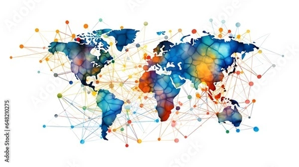 Fototapeta Pojęcie globalnych połączeń, mapa świata z połączeniami danych satelitarnych z ludźmi, generatywna sztuczna inteligencja