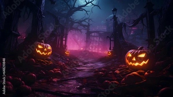 Fototapeta Holiday event halloween banner background concept Halloween background with pumpkins and haunted house - 3D render. Halloween background with Evil Pumpkin. Spooky scary dark Night forrest. 
