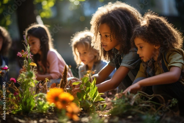 Fototapeta A group of children learning about climate change and sustainability in an outdoor classroom. Generative Ai.