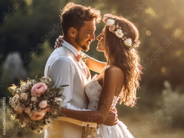 Obraz happy newlyweds in summer photo shoot wedding in summer spring the bride and groom look at each other in the sunlight