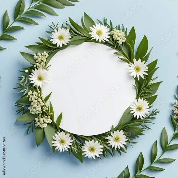 Fototapeta Circle card with a wreath of multicolor flowers and green leaves 