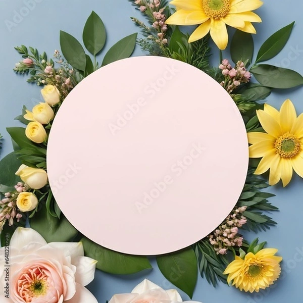 Fototapeta Circle card with a wreath of multicolor flowers and green leaves 