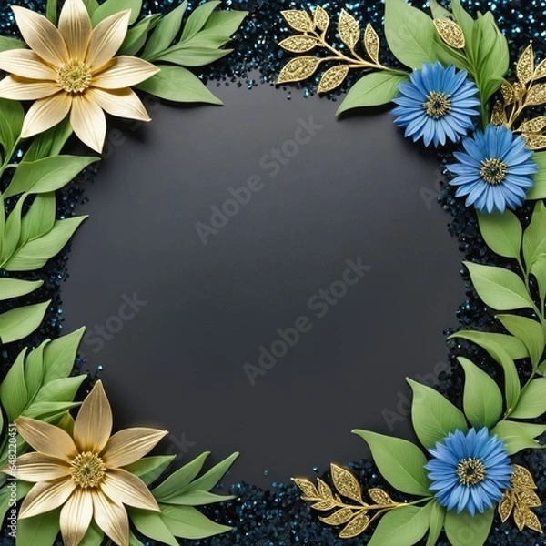 Fototapeta Golden leaves and blue flowers adorn a black square frame on a glittery backdrop