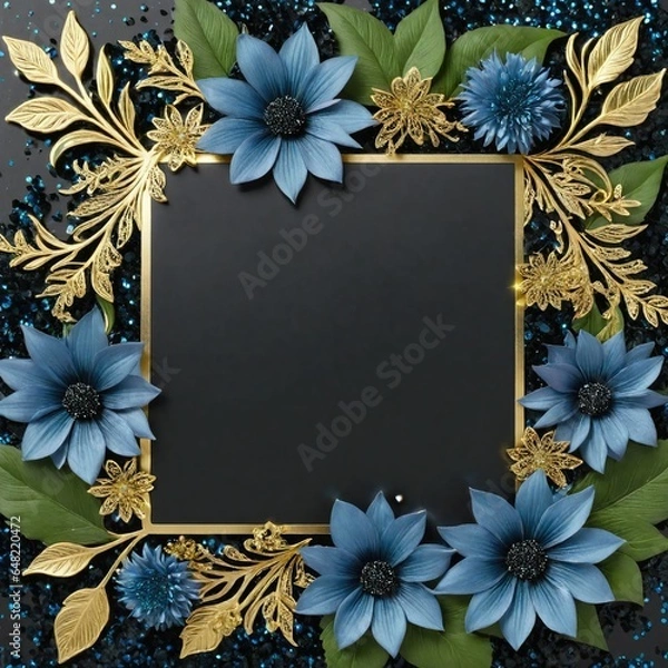 Fototapeta Golden leaves and blue flowers adorn a black square frame on a glittery backdrop