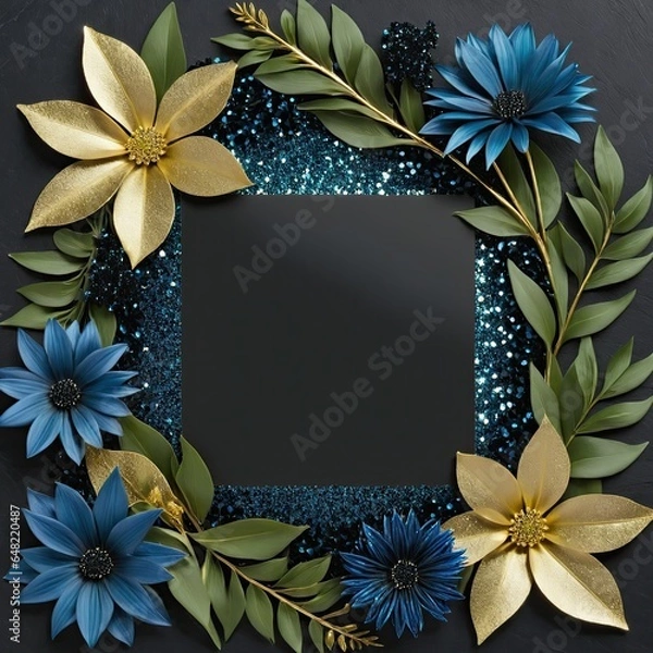 Fototapeta Golden leaves and blue flowers adorn a black square frame on a glittery backdrop