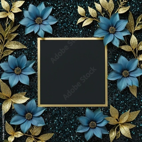 Fototapeta Golden leaves and blue flowers adorn a black square frame on a glittery backdrop