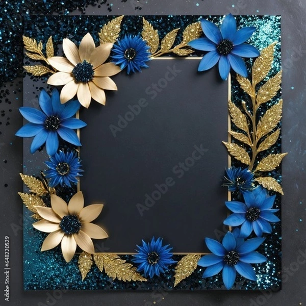 Fototapeta Golden leaves and blue flowers adorn a black square frame on a glittery backdrop