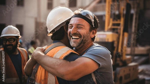 Fototapeta Construction workers, covered in dust and sweat,shared heartfelt hugs,their faces beaming with joy, they celebrated the successful completion challenging project, testament.Generative Ai illustration