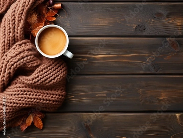 Fototapeta Top view of coffee and knitted scarf on wooden table, winter background, Generative Ai 