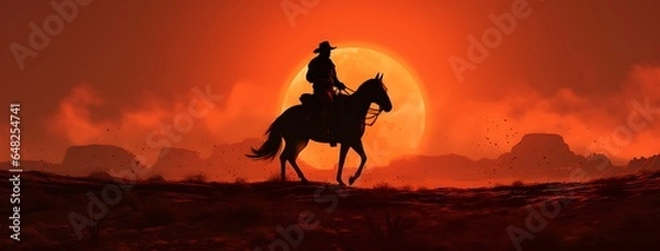 Fototapeta Cowboy on horseback in the desert at sunset. 3d render