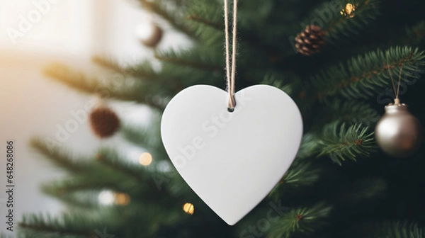 Obraz White paper heart hanging on christmas tree with bokeh light background
