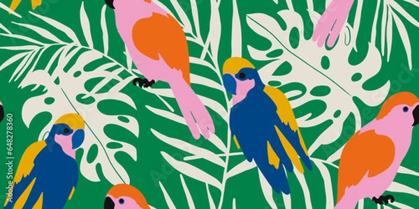 Obraz Exotic abstract tropical pattern with parrots. Colorful botanical abstract contemporary seamless pattern. Hand drawn unique print.

