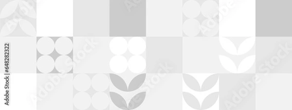 Fototapeta Geometric gray and white abstract mosaic of squares and circles, in a fashionable style. Scandinavian floral beautiful background, seamless pattern for textile and wallpaper.