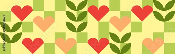 Fototapeta Geometric green, red abstraction, mosaic of squares and hearts, in a fashionable style. Template for Valentine's Day and Mother's Day beautiful background, seamless pattern for textile and wallpaper.