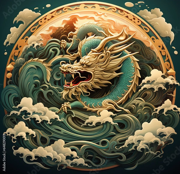Fototapeta Traditional Asian dragon flying. 2024 Chinese New Year sign. Created with Generative AI