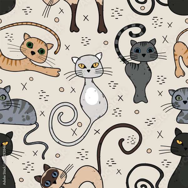 Fototapeta Cat lovers pattern with cute kittens. Seamless vector animal pattern. Ginger, grey, black, and white kitty illustrations. Adorable pet animal design with a textured tan background.