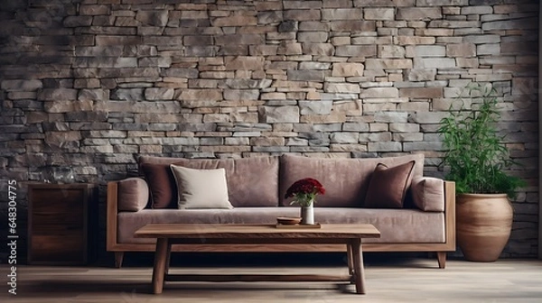 Obraz Rustic Home Interior Mockup: Handcrafted Coffee Table and Sofa Against Stone Cladding Wall - Modern Living Room in Country House