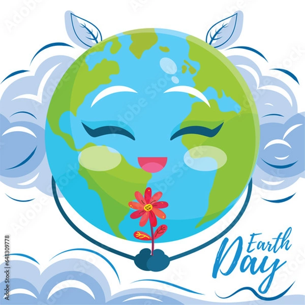 Fototapeta Happy earth globe character with a flower Earth Day poster Vector